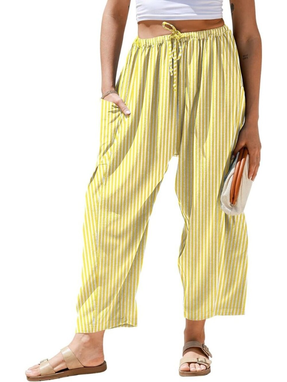 Women's Yellow Linen Wide Leg Striped Palazzo Harem Walking Holiday Pants